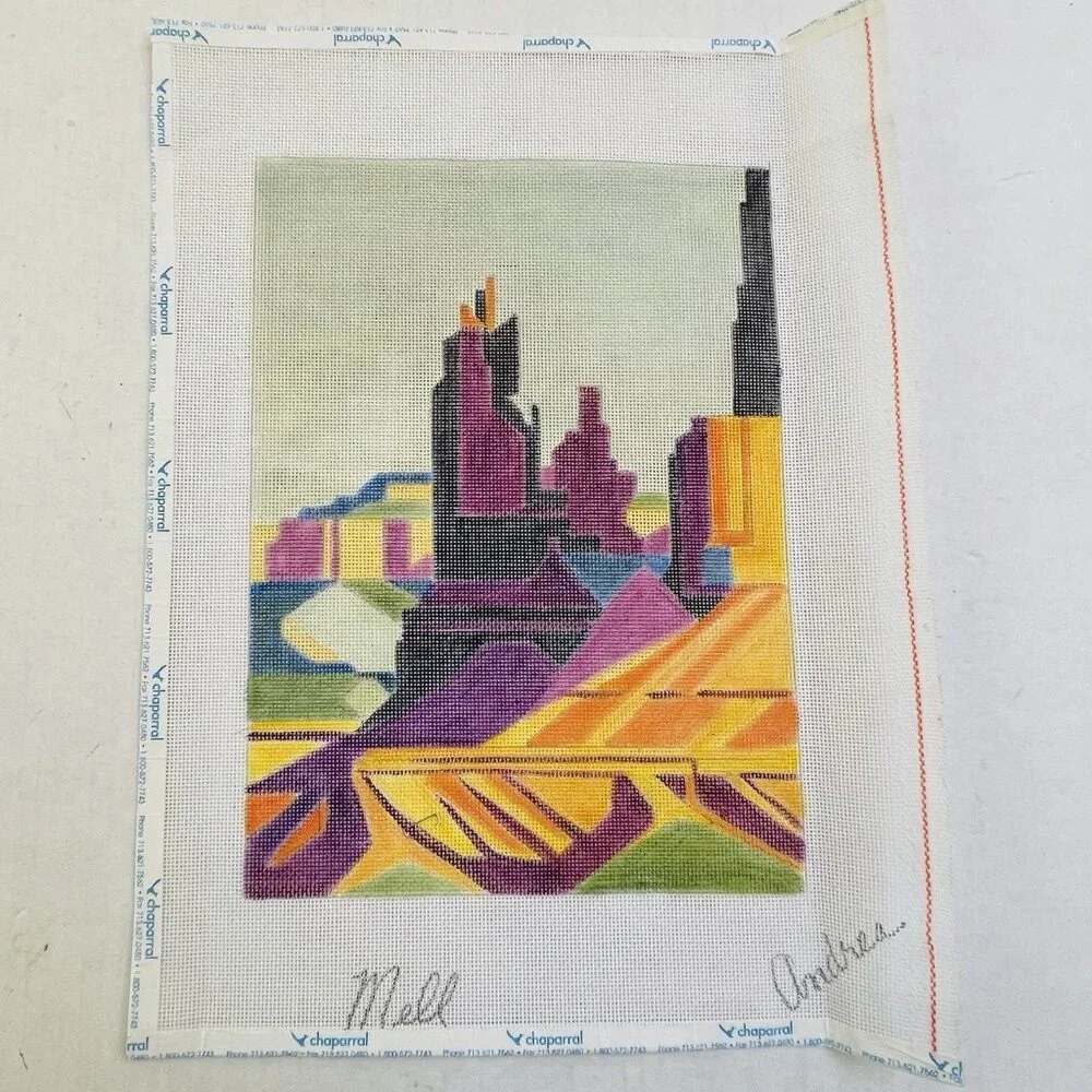 Hand‎ Painted Needlework Canvas Signed Mell Andrea Abstract Landscape Design